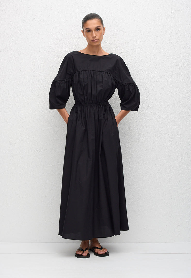 Gathered Yoke Midi Dress - Black - Matteau