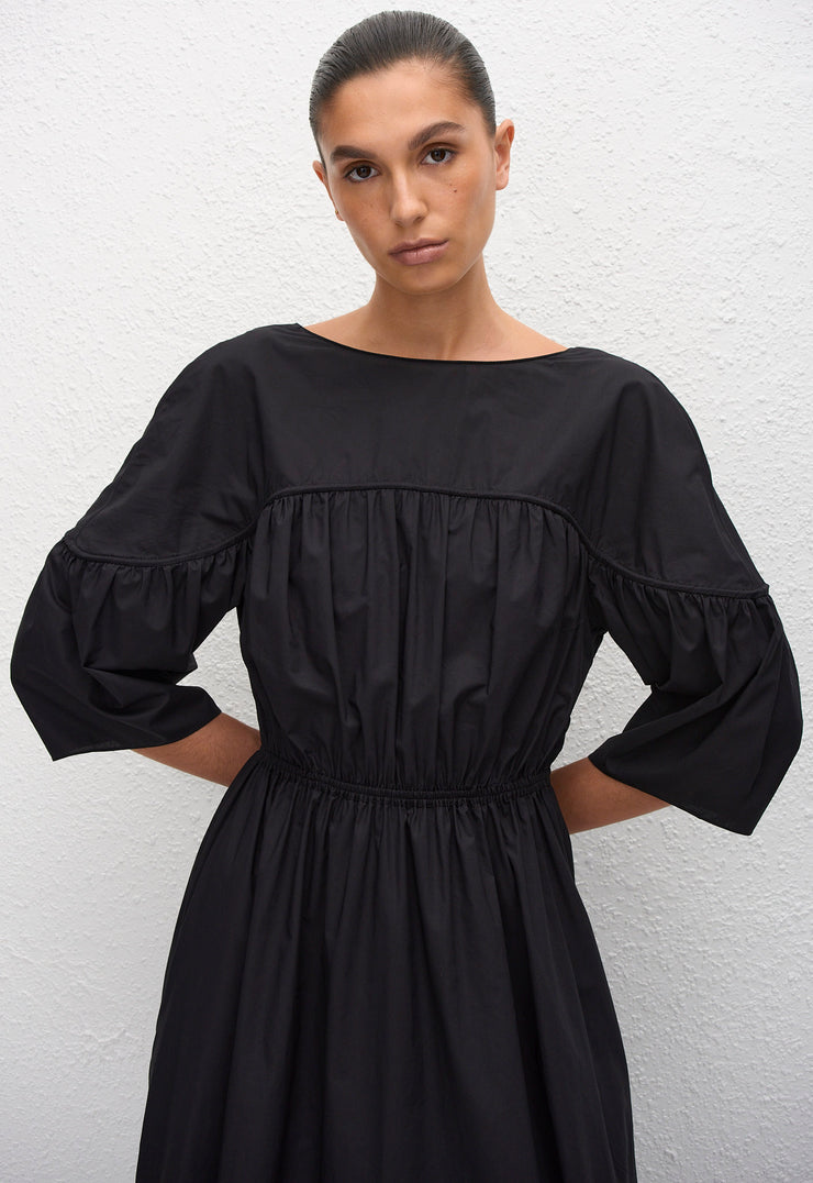 Gathered Yoke Midi Dress - Black - Matteau