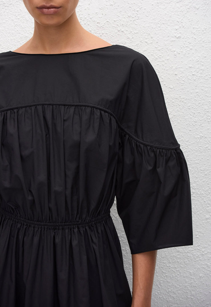 Gathered Yoke Midi Dress - Black - Matteau