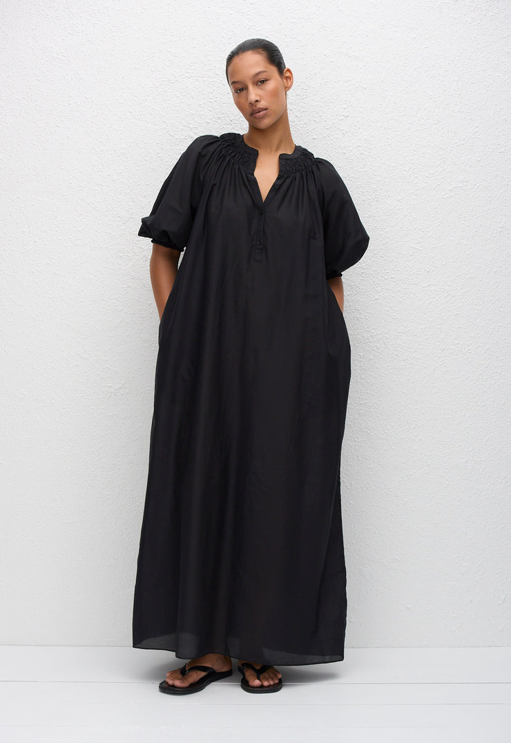 Gathered Yoke Popover Dress - Black - Matteau