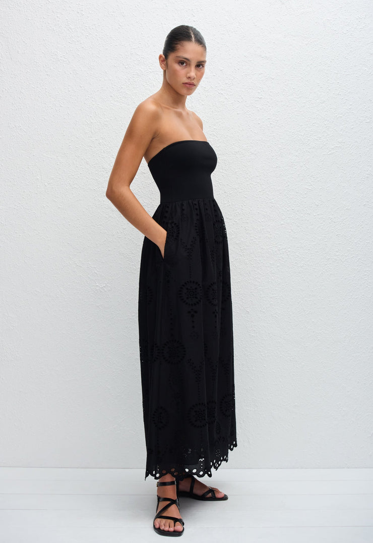 Strapless Knit and Broderie Dress - Black - Matteau