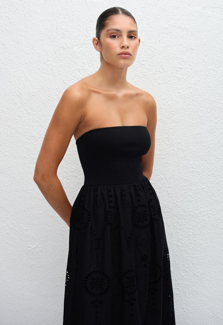 Strapless Knit and Broderie Dress - Black - Matteau