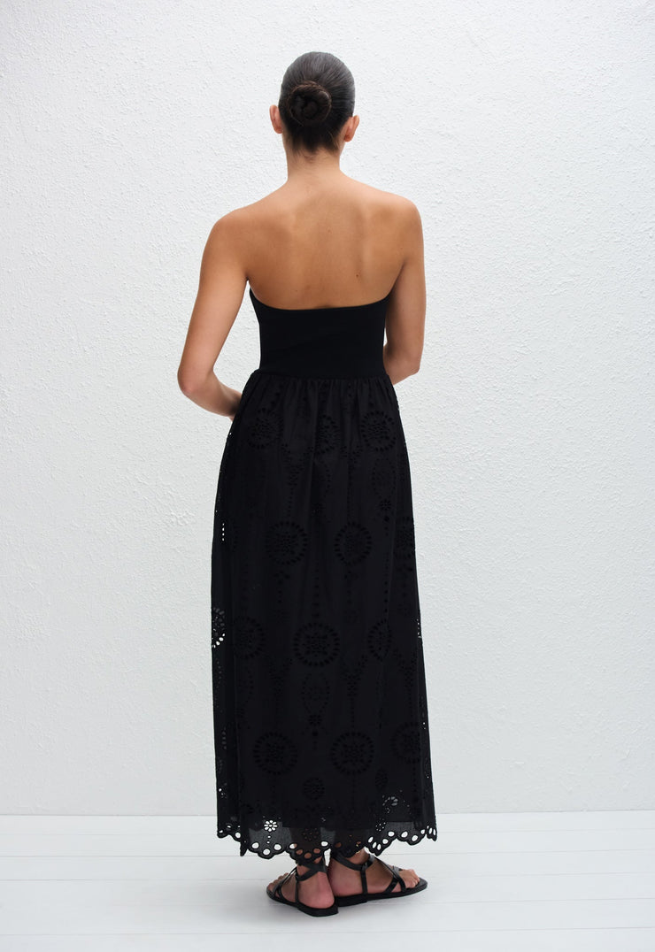 Strapless Knit and Broderie Dress - Black - Matteau