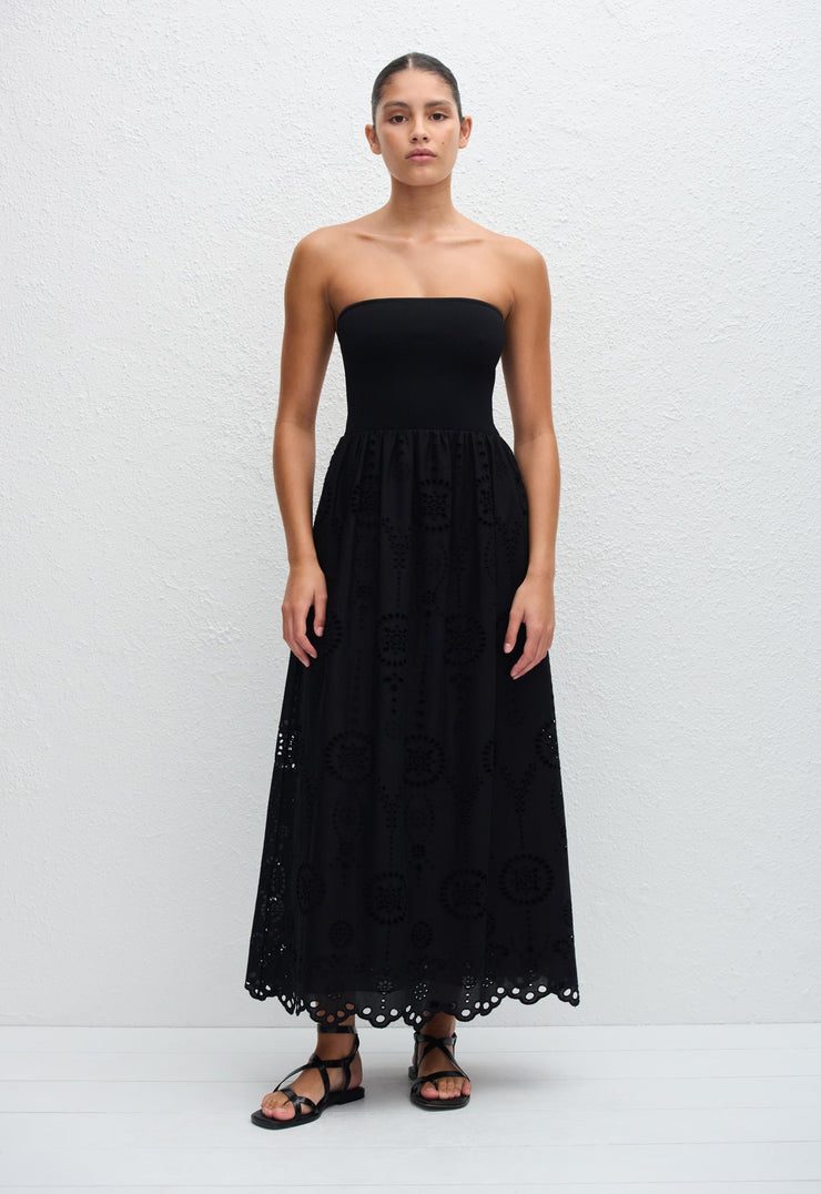Strapless Knit and Broderie Dress - Black - Matteau