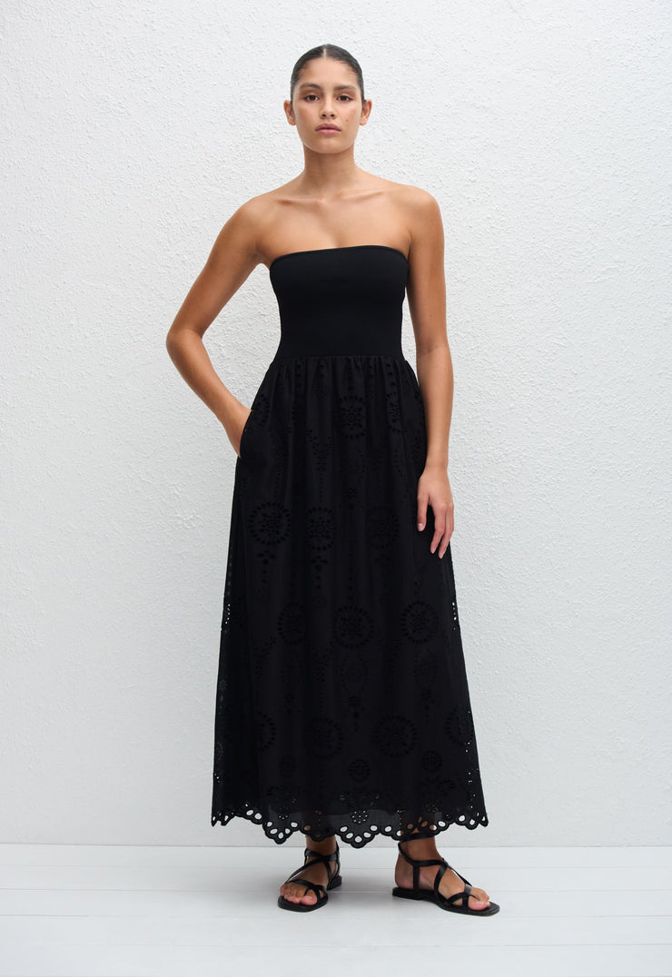Strapless Knit and Broderie Dress - Black - Matteau