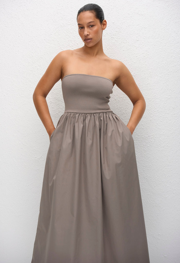 Strapless Knit and Cotton Dress - Taupe - Matteau