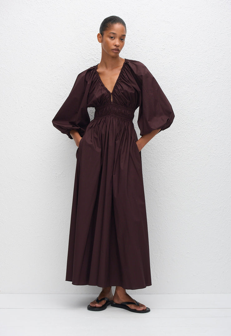 Shirred Plunge Button Dress - Aubergine - Matteau