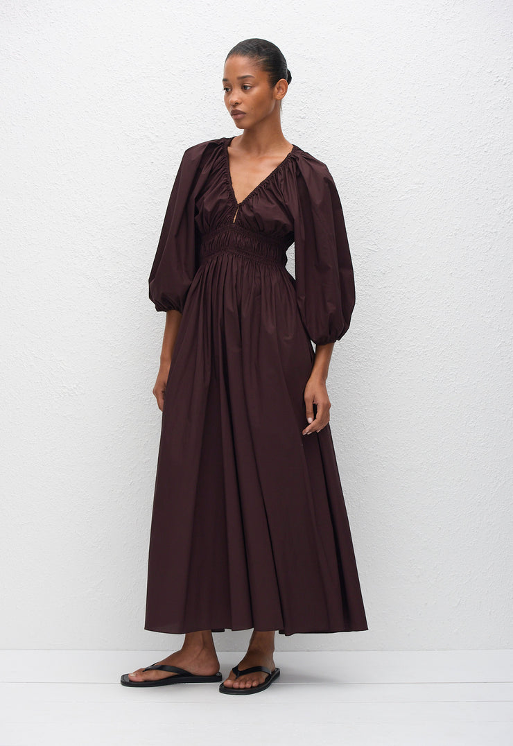 Shirred Plunge Button Dress - Aubergine - Matteau
