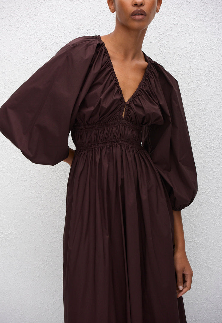 Shirred Plunge Button Dress - Aubergine - Matteau