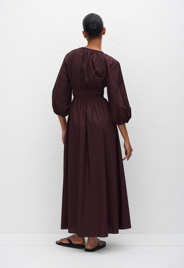 Shirred Plunge Button Dress - Aubergine - Matteau