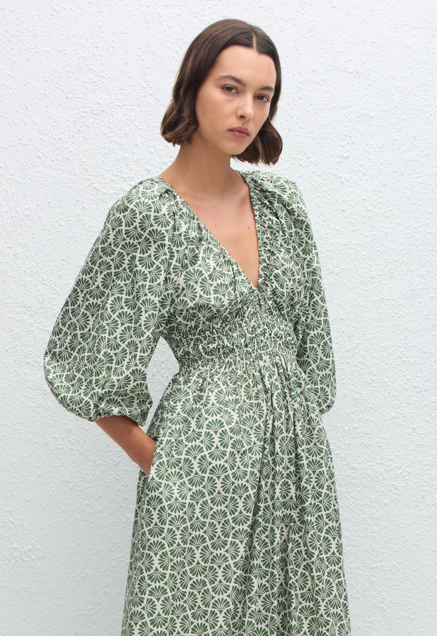 Shirred Plunge Button Dress - Vetiver - Matteau
