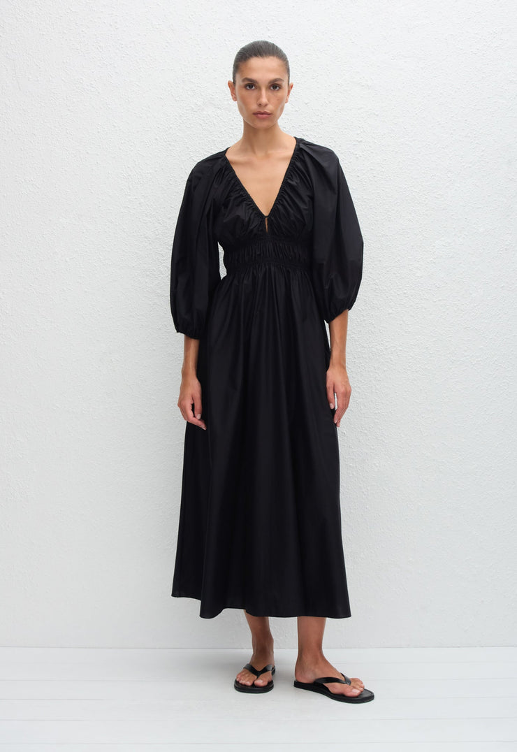 Shirred Plunge Button Dress - Black - Matteau