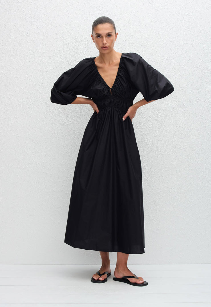 Shirred Plunge Button Dress - Black - Matteau