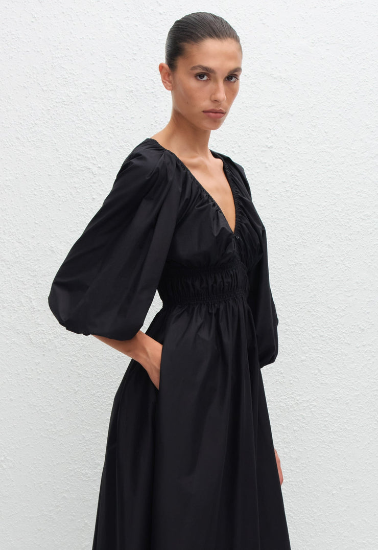 Shirred Plunge Button Dress - Black - Matteau