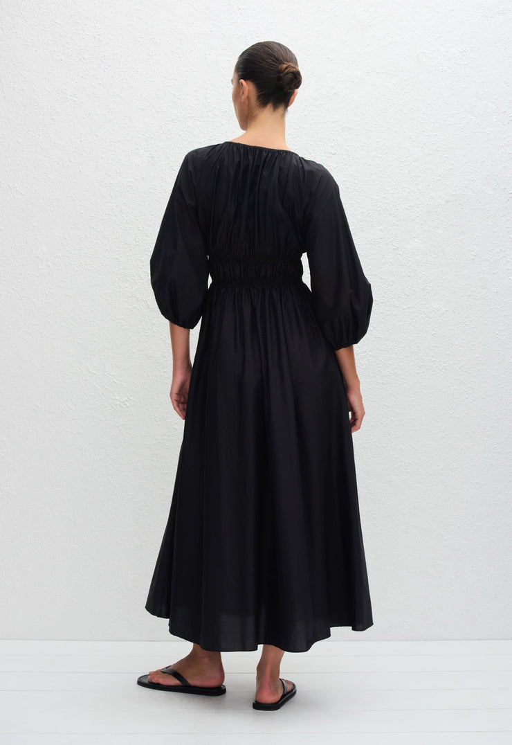 Shirred Plunge Button Dress - Black - Matteau