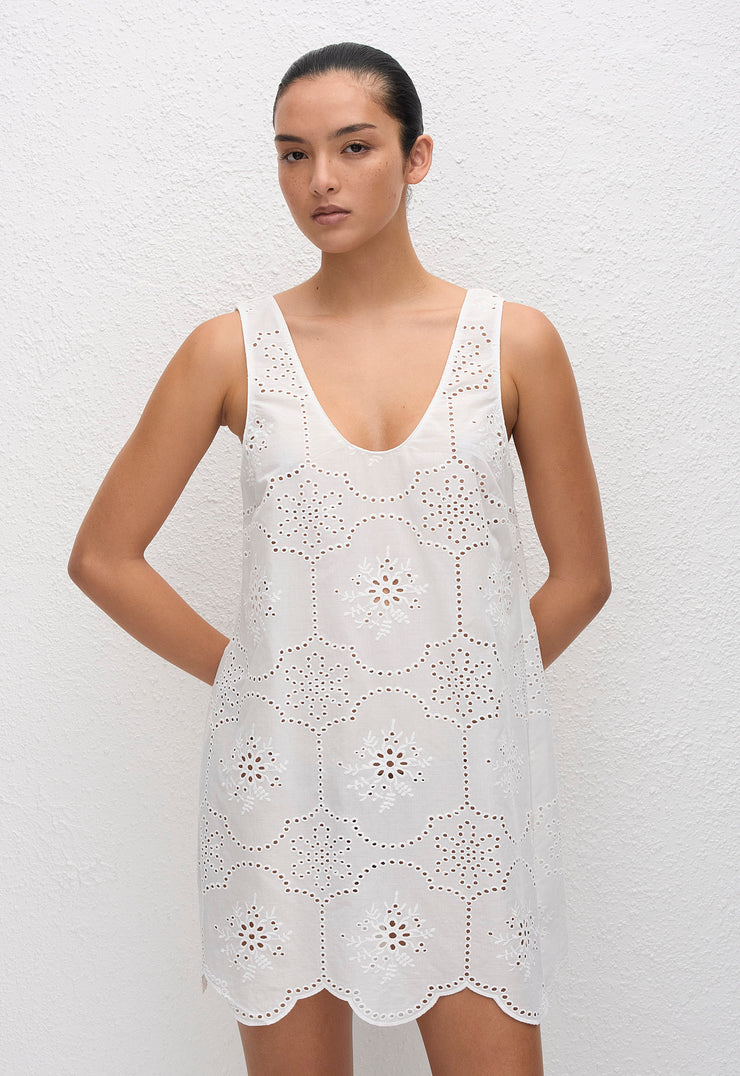 Broderie Tank Mini Dress - White - Matteau