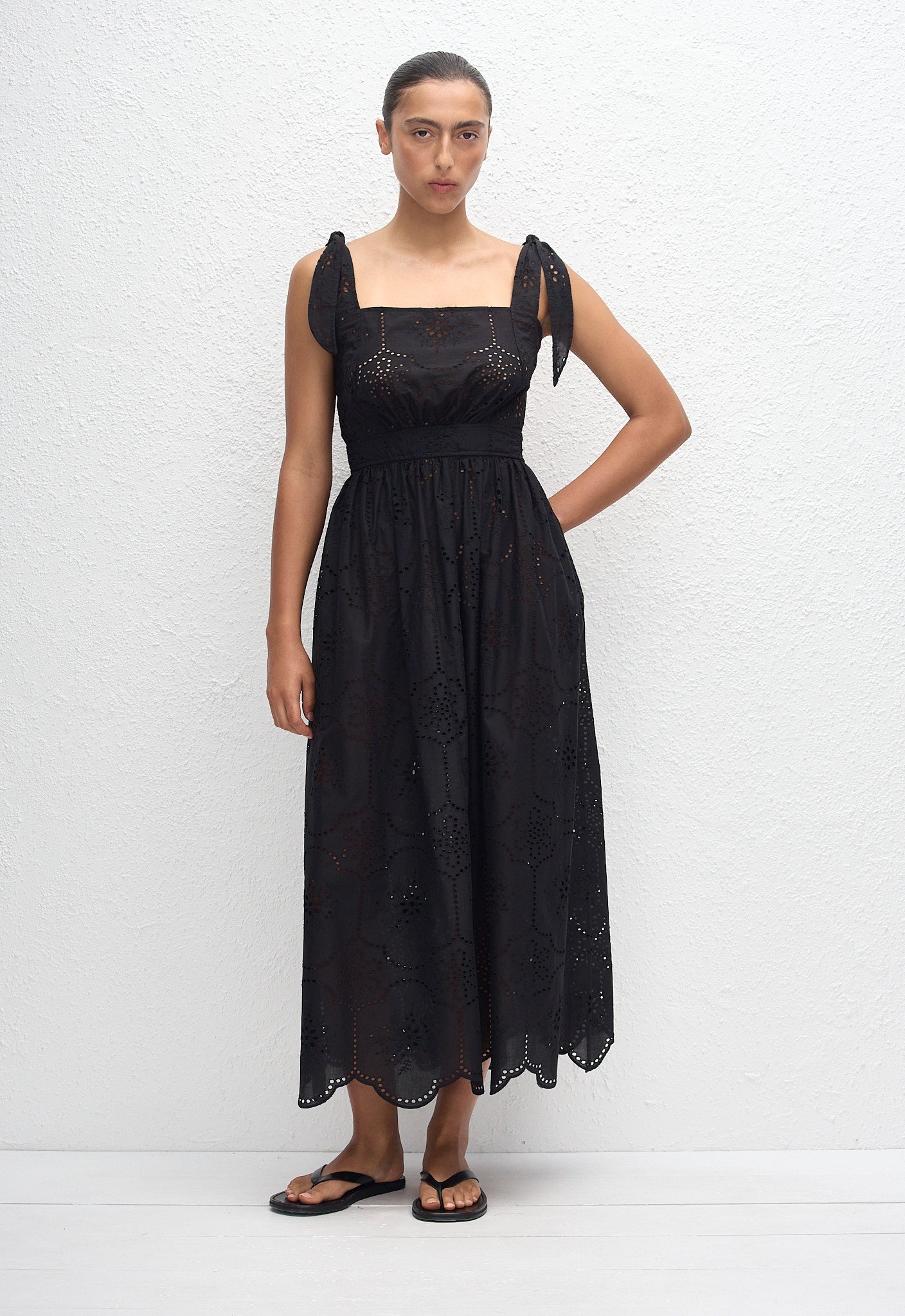 Broderie Apron Midi Dress - Black - Matteau