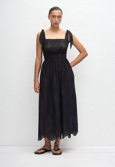 Broderie Apron Midi Dress - Black - Matteau