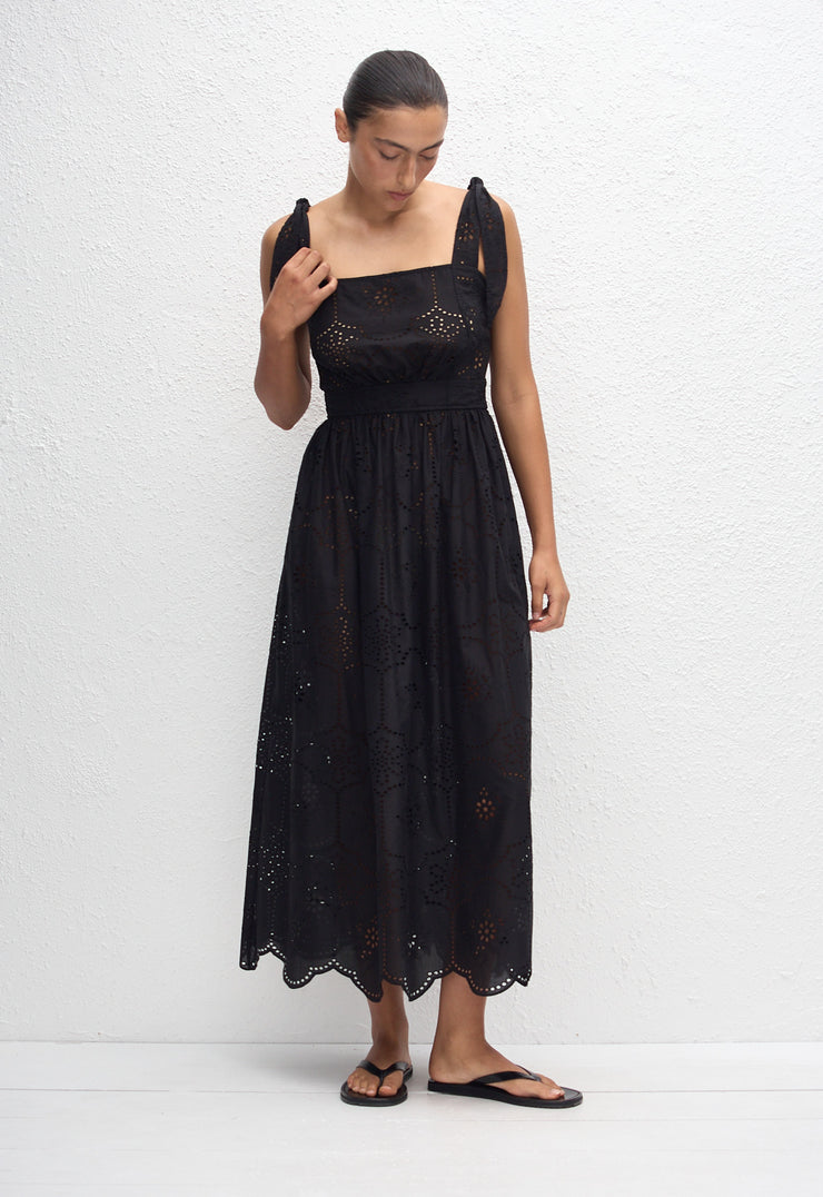 Broderie Apron Midi Dress - Black - Matteau
