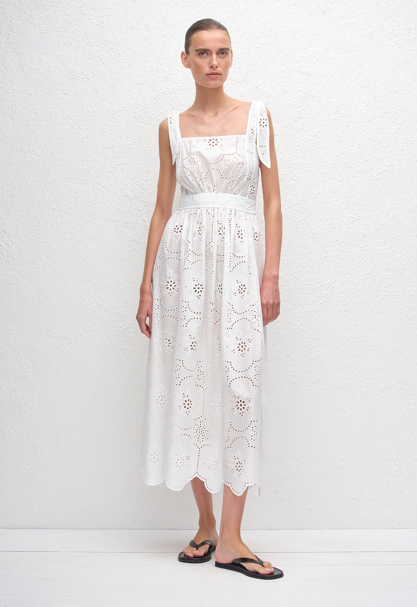 Broderie Apron Midi Dress - White - Matteau