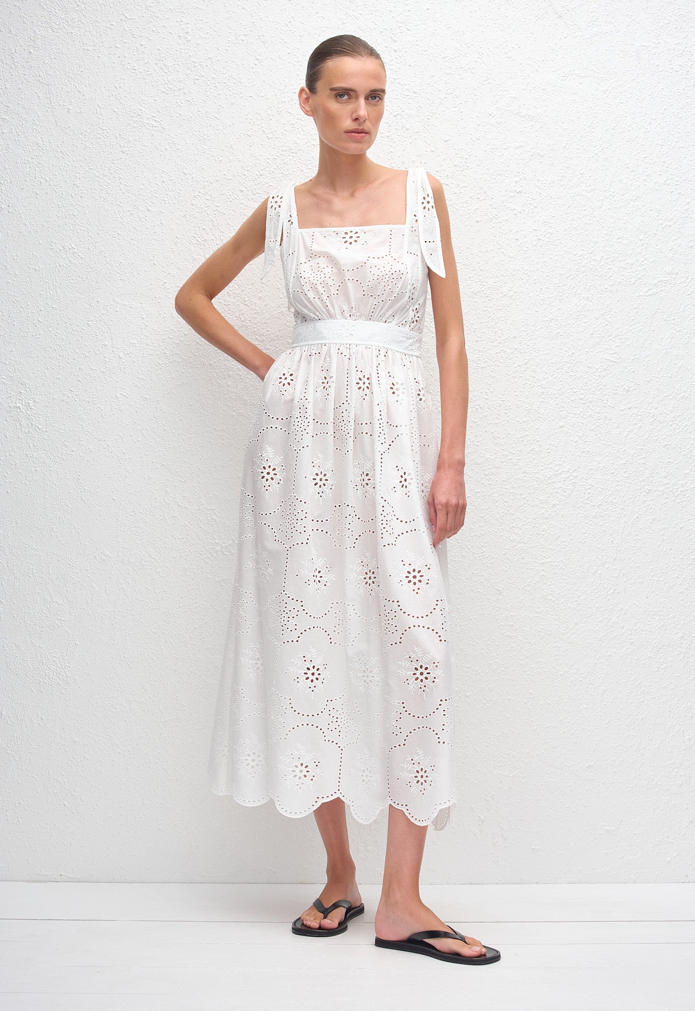 Broderie Apron Midi Dress - White - Matteau