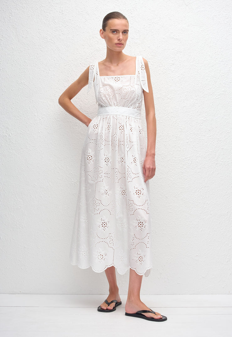 Broderie Apron Midi Dress - White - Matteau