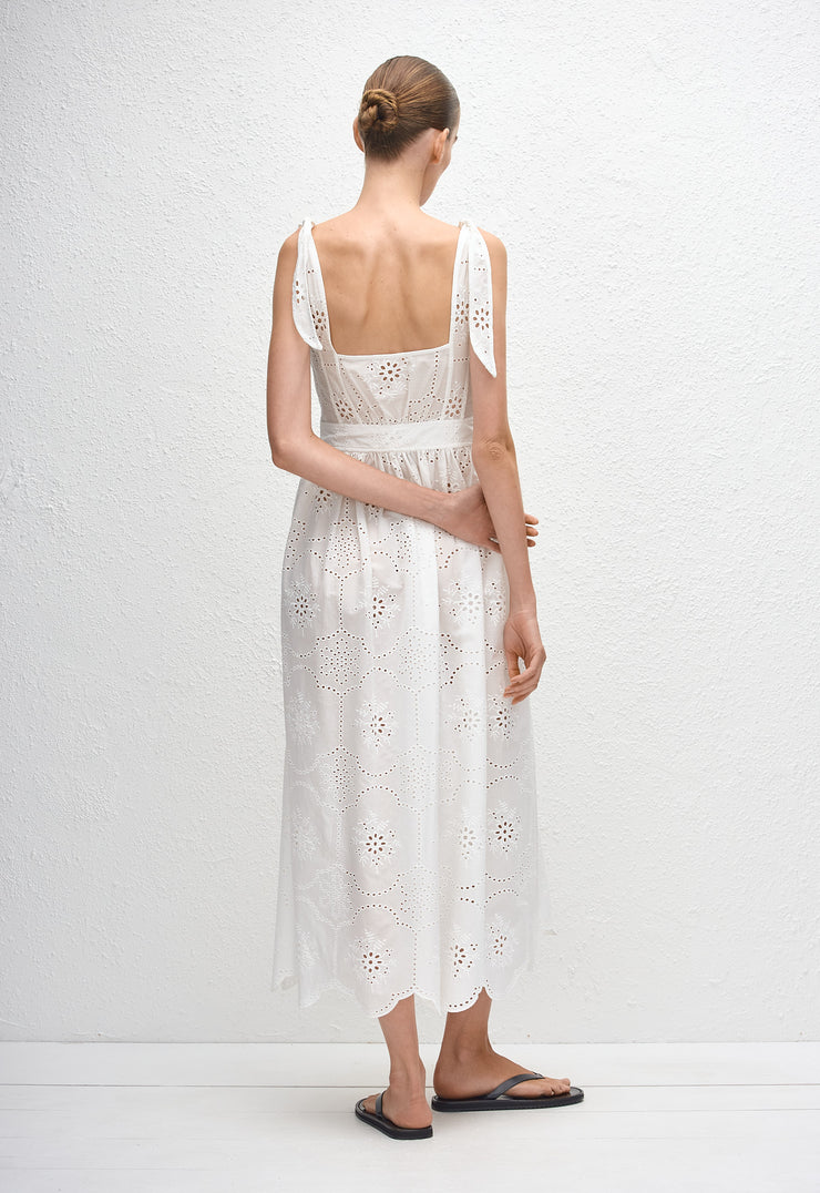 Broderie Apron Midi Dress - White - Matteau
