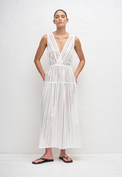 Broderie Plunge Midi Dress - White - Matteau