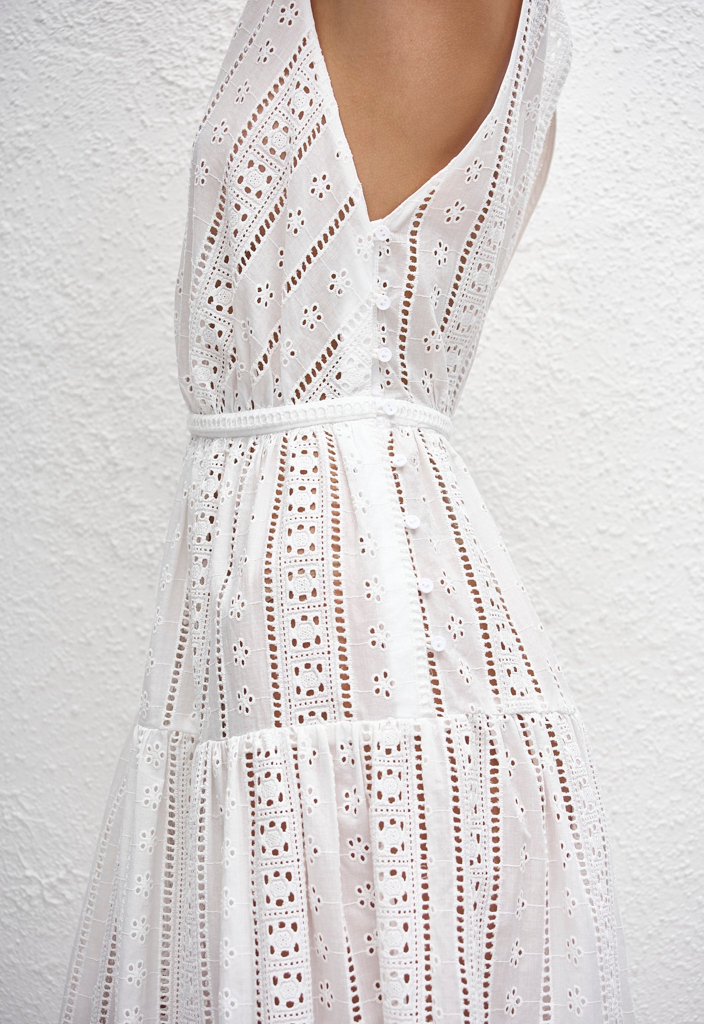 Broderie Plunge Midi Dress - White - Matteau