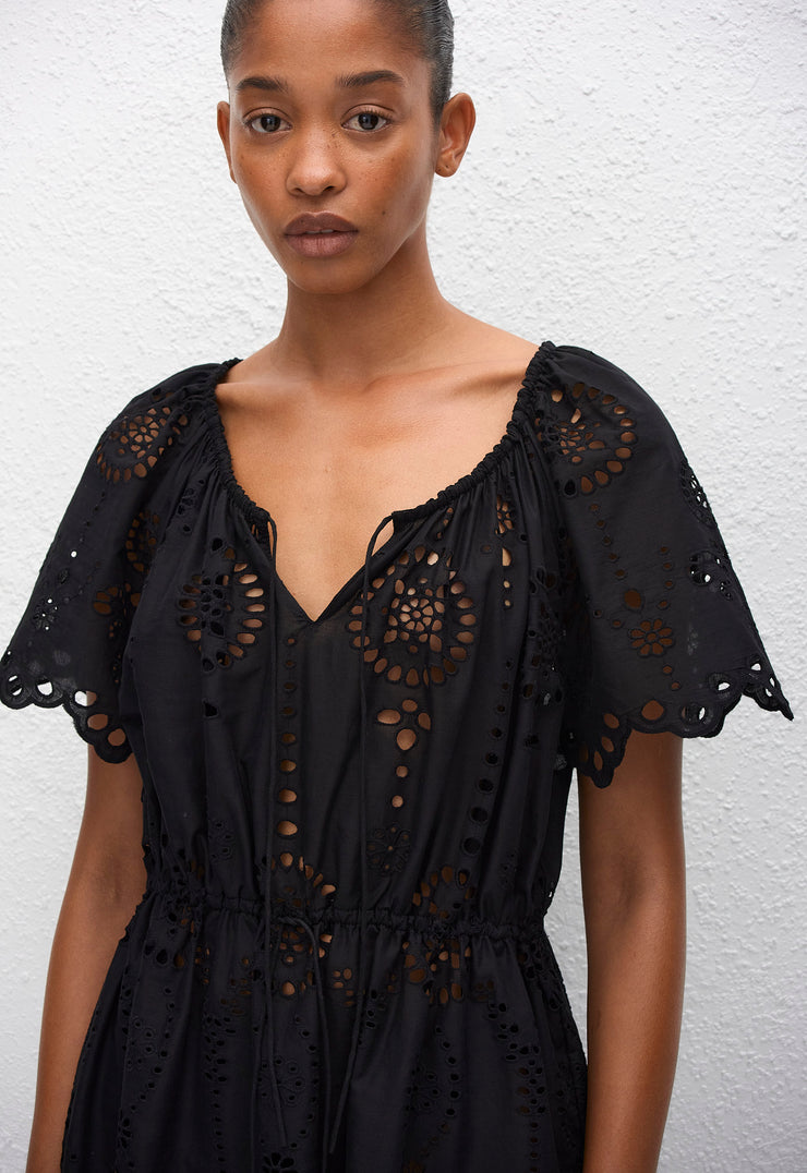 Broderie Scoop Mini Dress - Black - Matteau