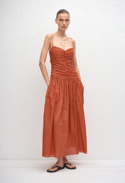 Gathered Drop Waist Dress - Polka Dot (Tomato) - Matteau
