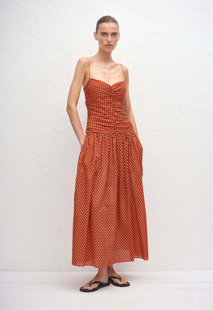 Gathered Drop Waist Dress - Polka Dot (Tomato) - Matteau