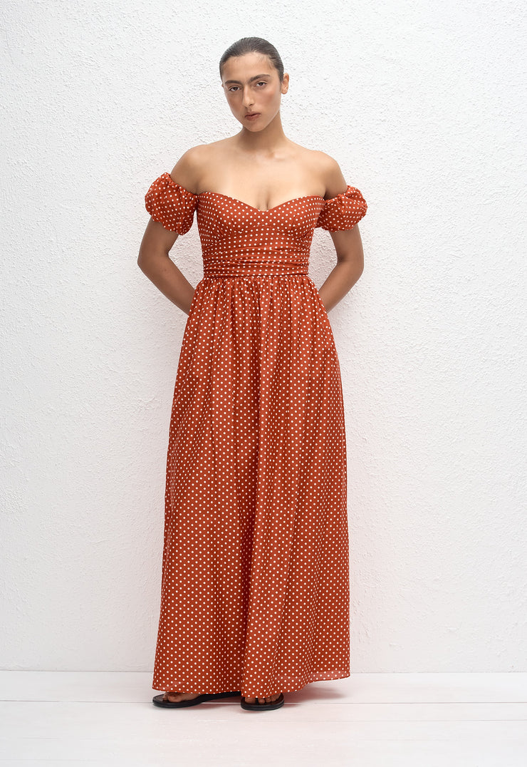 Off Shoulder Midi Dress - Polka Dot (Tomato) - Matteau