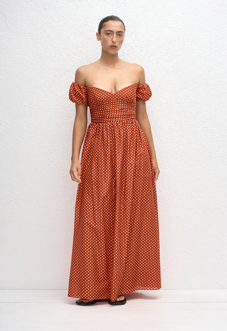 Off Shoulder Midi Dress - Polka Dot (Tomato) - Matteau