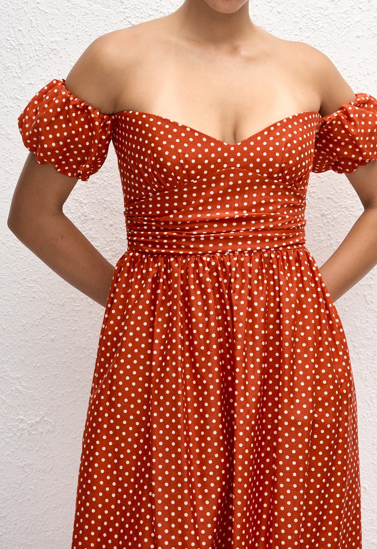 Off Shoulder Midi Dress - Polka Dot (Tomato) - Matteau