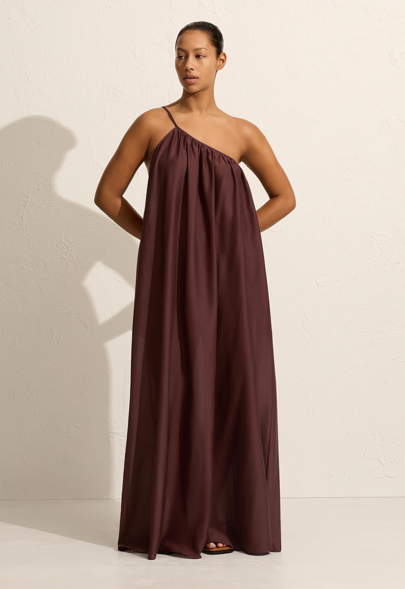 Voluminous One Shoulder Dress - Burgundy - Matteau