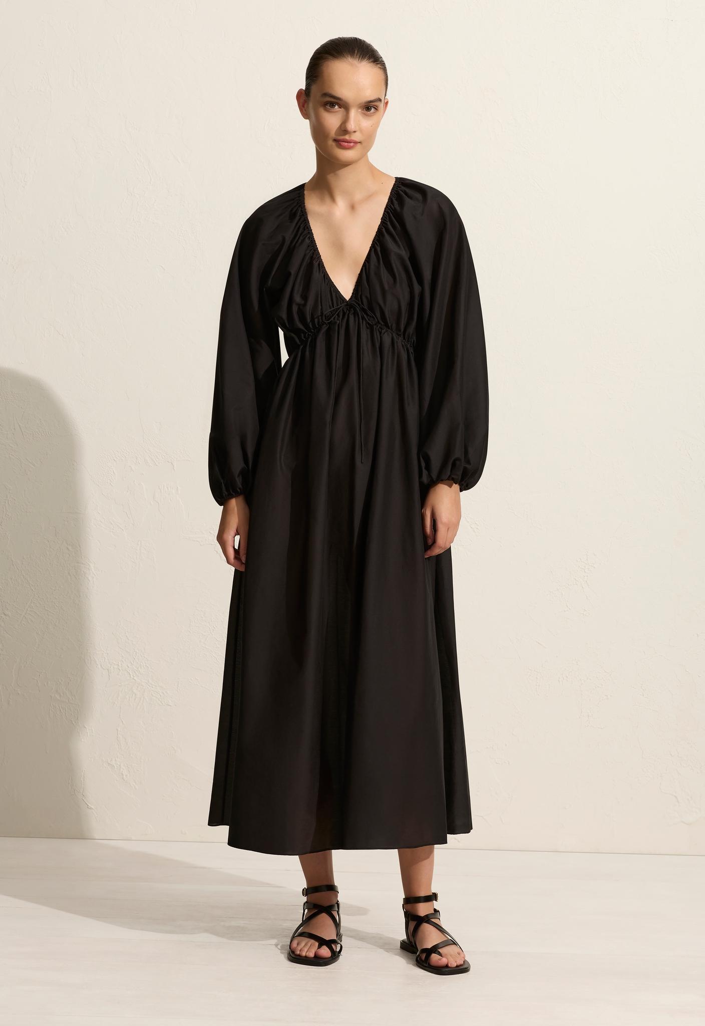 V-Neck Tie Dress - Black - Matteau