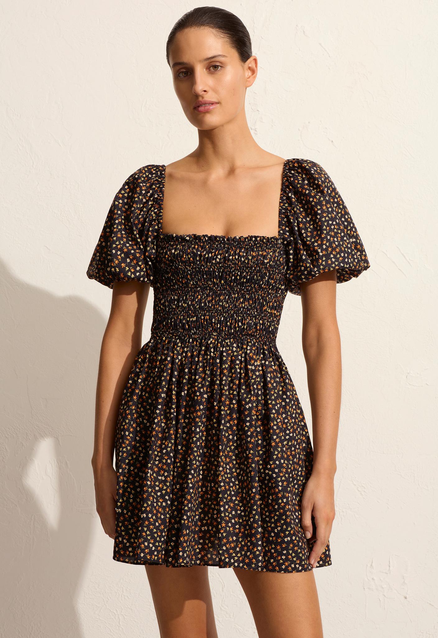 Shirred Peasant Mini Dress - Meadow - Matteau