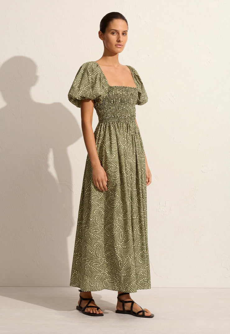 Shirred Bodice Peasant Dress - Jasmine (Olive) - Matteau