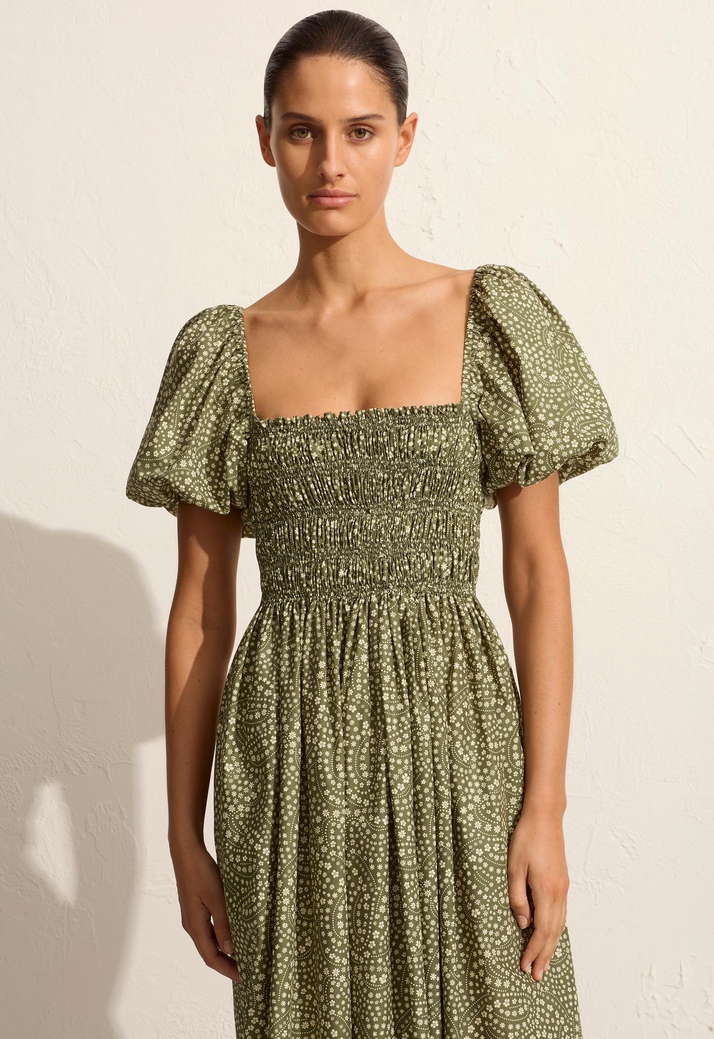 Shirred Bodice Peasant Dress - Jasmine (Olive) - Matteau