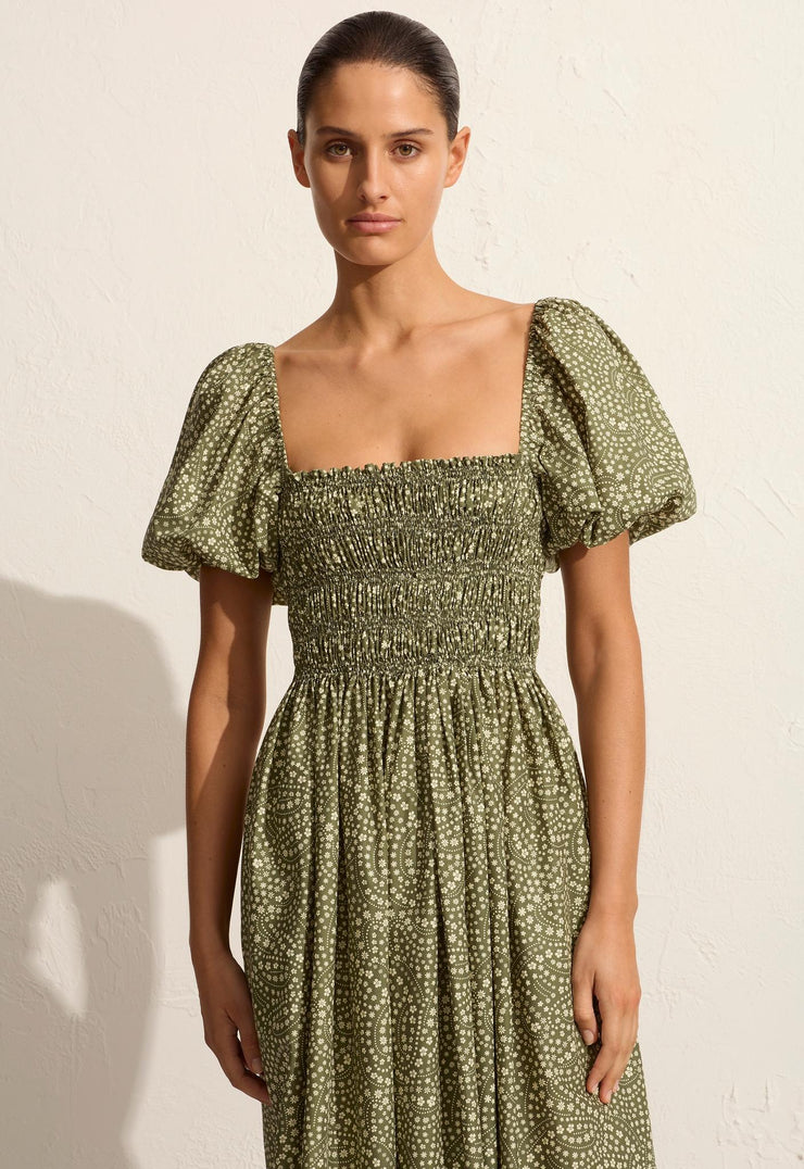 Shirred Bodice Peasant Dress - Jasmine (Olive) - Matteau