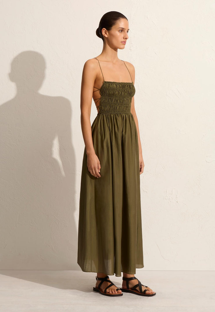Shirred Lace Up Dress - Olive - Matteau