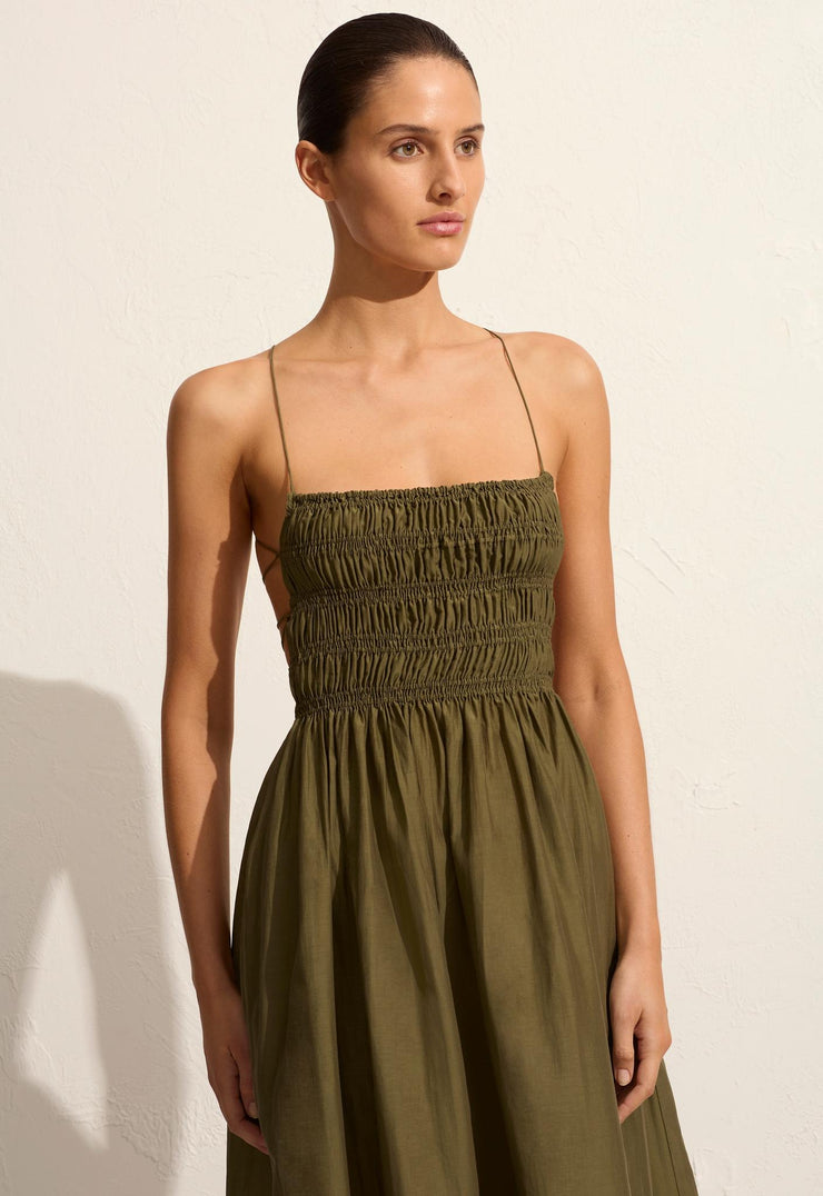 Shirred Lace Up Dress - Olive - Matteau