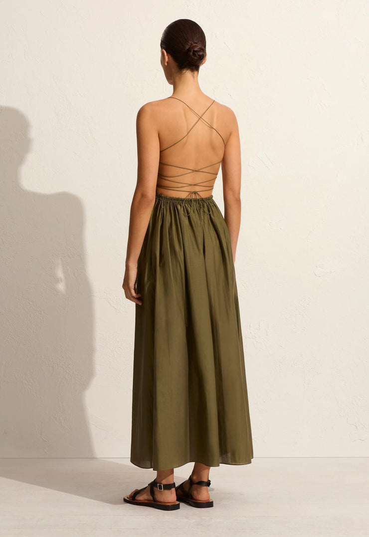 Shirred Lace Up Dress - Olive - Matteau