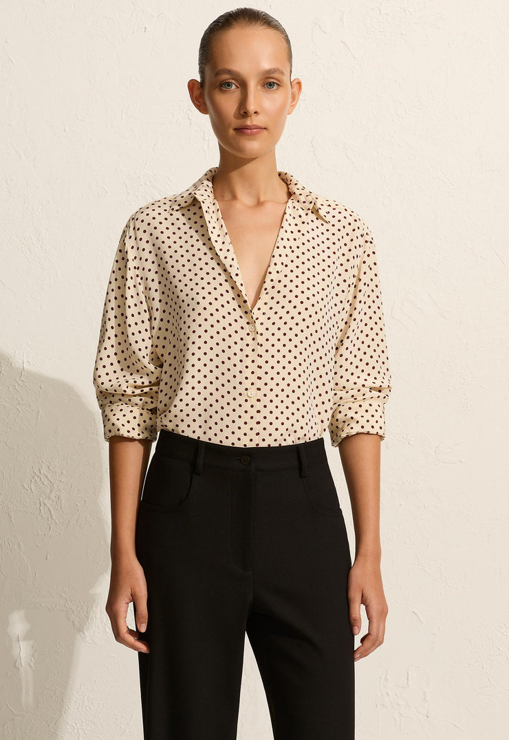 Long Sleeve Silk Shirt - Burgundy Polka Dot - Matteau