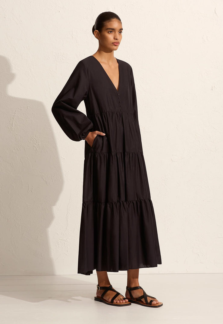 Long Sleeve Plunge Dress - Black - Matteau