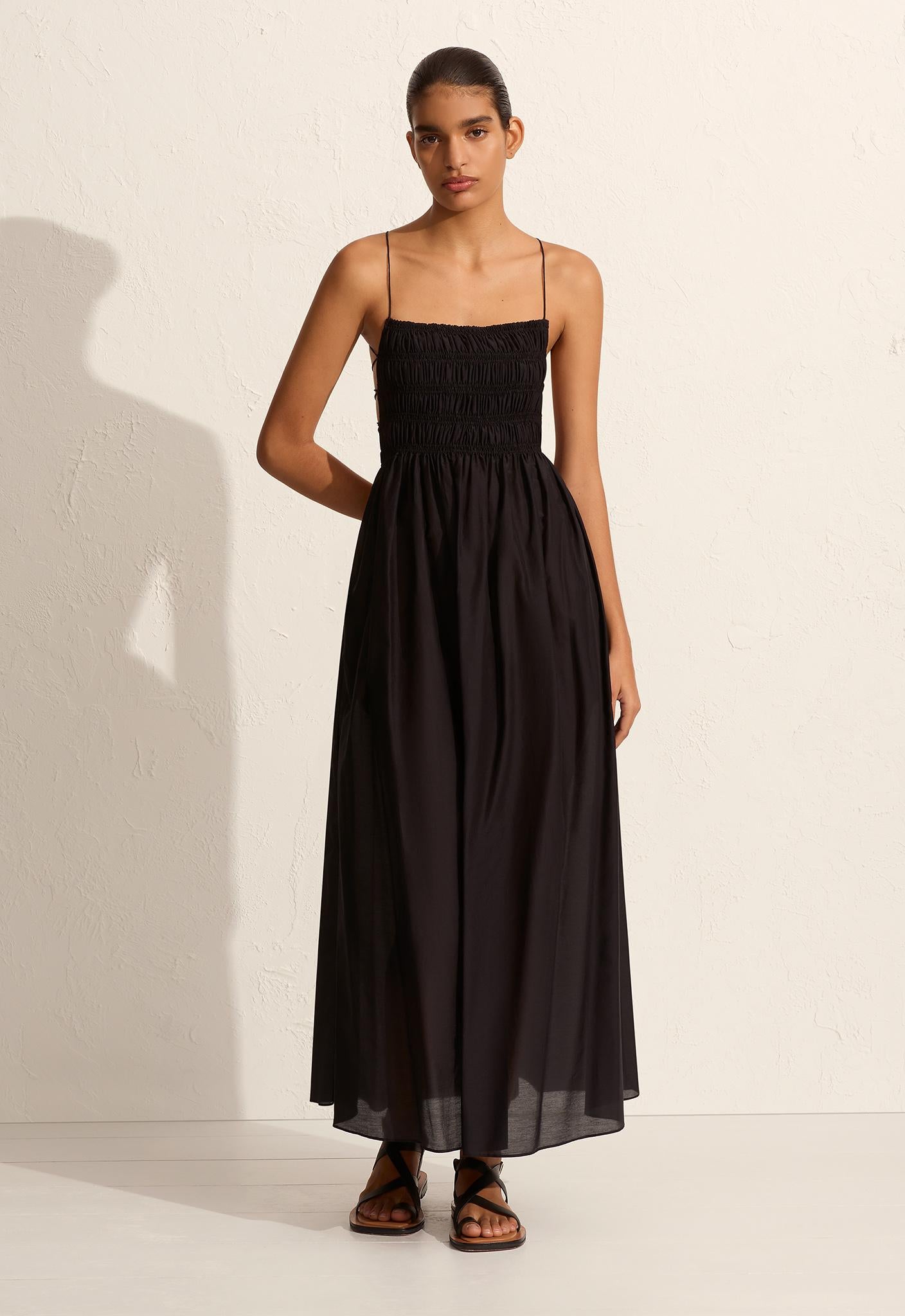 Shirred Lace Up Dress - Black - Matteau