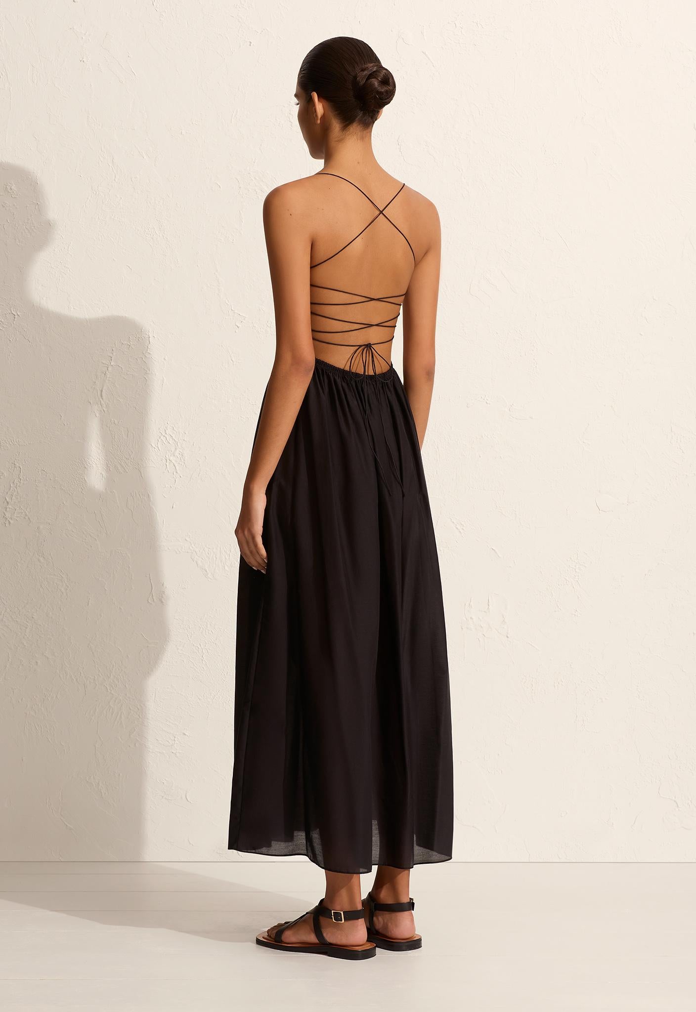 Shirred Lace Up Dress - Black - Matteau