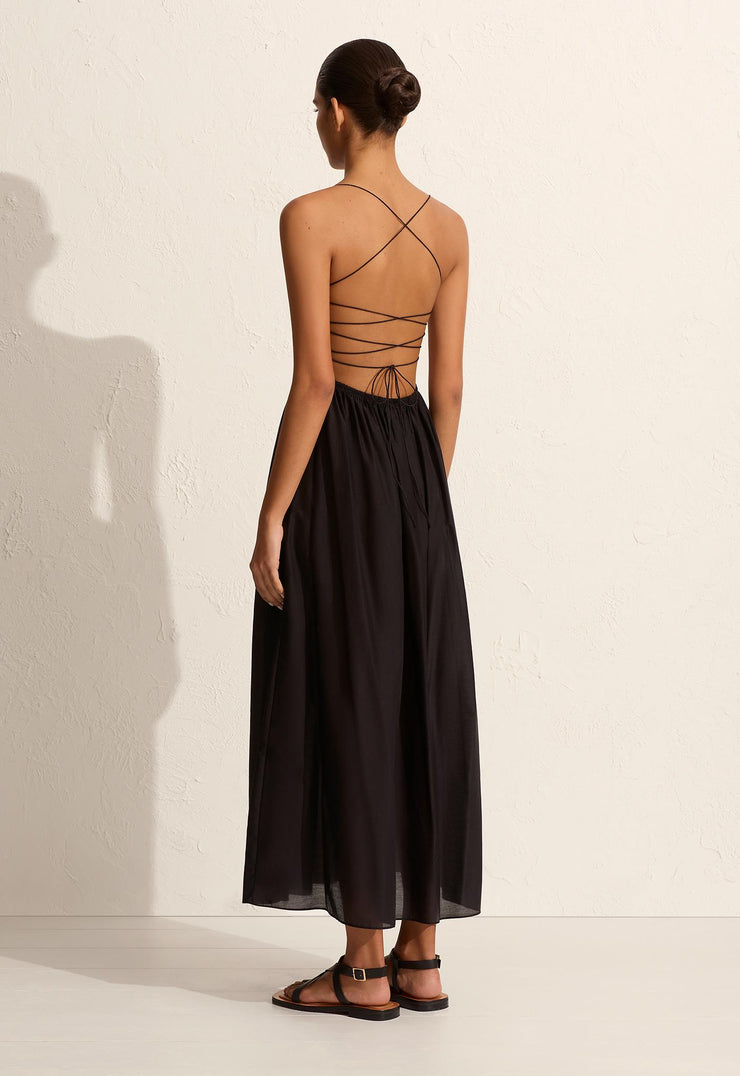 Shirred Lace Up Dress - Black - Matteau