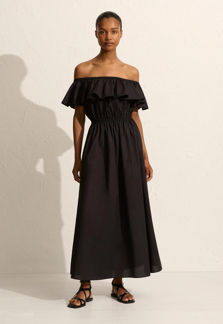 Off The Shoulder Ruffle Dress - Black - Matteau